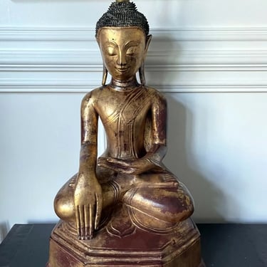 Large Lacquer Wood Antique Burmese Buddha Statue