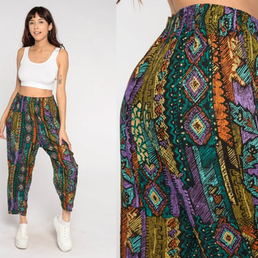 Abstract Lounge Pants 90s Boho Baggy Pants Psychedelic Retro Relaxed Pants High Elastic Waist Hippie Purple Green Vintage 1990s Small S 
