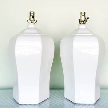 Pair of Large White Ginger Jar Lamps