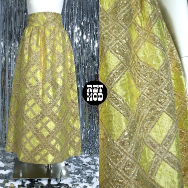 Lovely Vintage 60s 70s Light Lime Green & Gold Lurex Plaid Maxi Skirt 