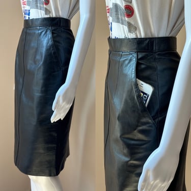 Black Leather Skirt 1980's Vintage Small 