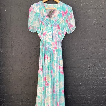 Pastel Floral Print Midi Dress w/ Puff Sleeves
