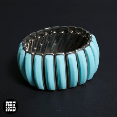 Fabulous Vintage 60s Light Blue Metal Stretch Articulate Statement Bracelet 