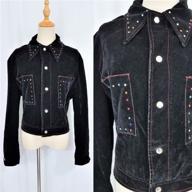 1970's Rhinestone Studded Black Velvet Campus Rocker Jacket I Men's Chest Sz 40