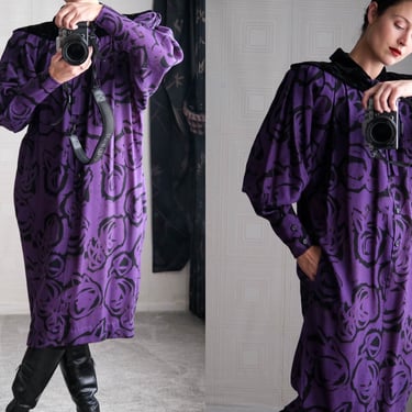 Vintage 80s Ungaro Solo Donna Paris Purple Abstract Print Wool Dress w/ Black Velvet Broad Shoulders | Made in Italy | 1980s Designer Dress 