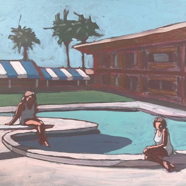 Pool #128 - Original Acrylic Painting on Canvas 20 x 16, michael van, sky, clouds, mid century modern, retro, blue, women, bathing, swimming 