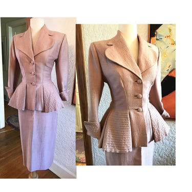 Dreamy Dusty Pink Vintage 1950s  "Lilli Ann" Designer Suit with flirty Peplum -- Size  Medium 