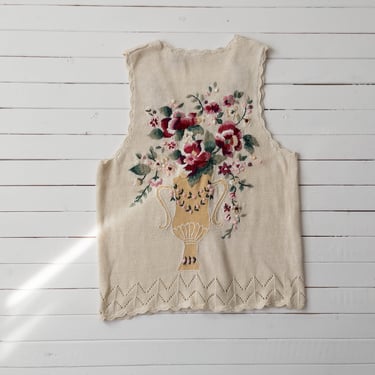 embroidered sweater vest | 80s 90s vintage beige cream cottagecore floral crewel embroidery cotton sleeveless sweater 