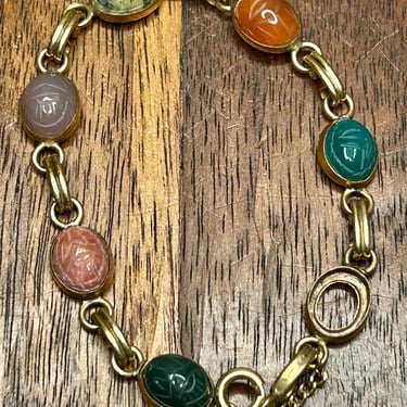 Vintage Scarab Bracelet Multi Gemstone Carved Crystal Egyptian Revival AS IS 