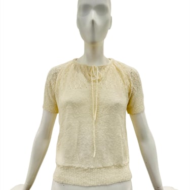 1970's Textured Ivory Knit Drawstring Neckline Top