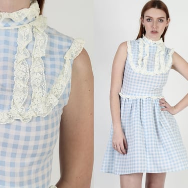 Baby Blue Gingham Farm Dress / Vintage CottageCore Folk Plaid Dress / 70s Crochet Lace Trim Homespun Mini Dress 