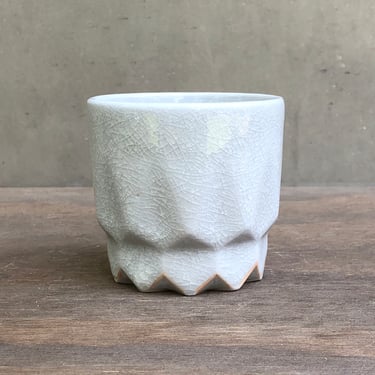 Porcelain Ceramic "Hex" Cup  -  glossy crackle ice grey with orange halo 