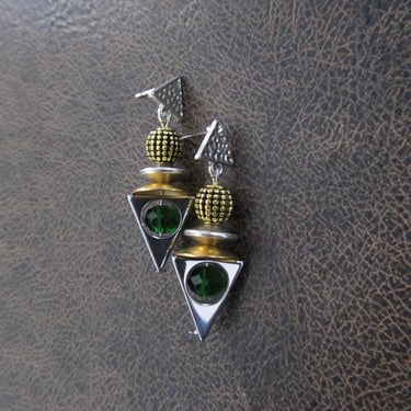 Mixed metal, hematite, and green crystal triangle earrings 