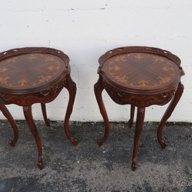 French Early 1900s Hand Carved Inlay Side End Tables a Pair 3664
