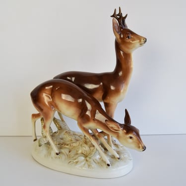 Porcelain Deer and Doe sculpture by Royal Dux, circa 1950's. 