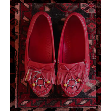 Vintage Red Beaded Moccasins - 1980s - Leather Loafers - Indoor/Outdoor 