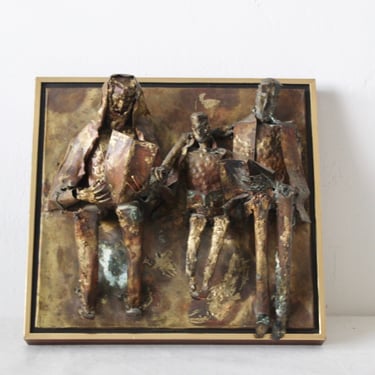 Original Milton Bloom Brutalist Brass and Silver Solder Framed Wall Sculpture "Generation" 