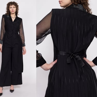 80s Black Striped Satin Tailcoat Blouse - Medium | Vintage High Low Long Sheer Sleeve Collared Suit Top 
