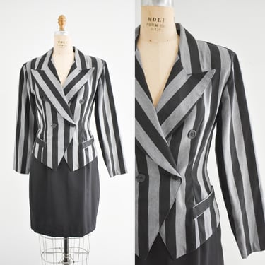 1980s Black and Gray Striped Jacket and Skirt Set 