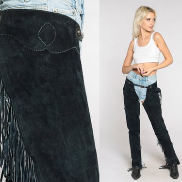 Black Suede Chaps Fringe Leather Pants Vintage Assless Chaps Cowboy Rodeo Pants Skinny Bohemian Club Festival Hipster Rave Small xs s 