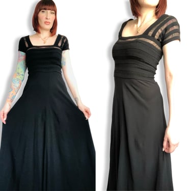 Vintage 1940's Striped Black Rayon Crepe Sheer Bodice Evening Gown - size Small Medium 