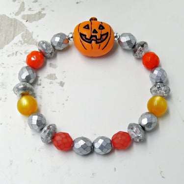 Halloween Bracelet with Silver and Orange Beads, Stretch Bracelet for Layering, Pumpkin Jewelry 