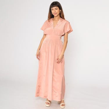 70s Pink Pleated Maxi Dress Flutter Sleeve Party Grecian 1970s Boho High Waist Disco Dress Long Drape Gown Front Slit V Neck Medium 8 