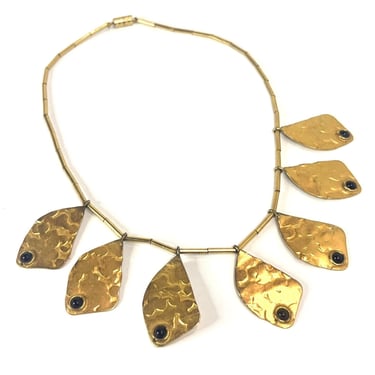 Vintage Gold Hammered Necklace, Gold Bib Necklace, Gold and Black Bead Necklace, Egyptian Necklace, Rhombus Choker 