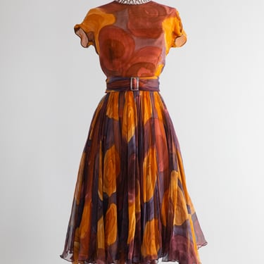 Stunning Sunset Silk Chiffon 1950's Cocktail Dress By Harvey Berin / Waist 28"