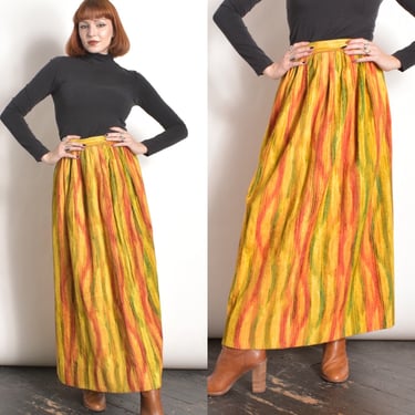 Vintage 1970s Skirt / 70s Tie Dye Velvet Maxi Skirt / Yellow Orange Green (XS extra small ) 