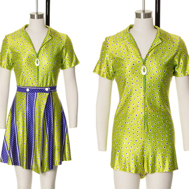 Vintage 1960s Playsuit | 60s Romper & Skirt Heart Novelty Print Lime Green Blue Two Piece Matching Set (x-small/small) 