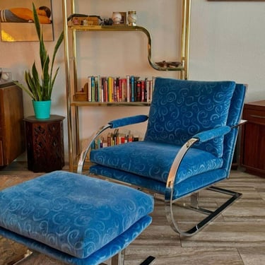 Amazing Milo Baughman Chrome Lounge Chair & Ottoman in Blue, 1960s 