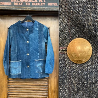 Vintage 1960’s Hippie Patchwork Buffalo Buttons Denim Custom Jacket, 60’s Buffalo Nickel, Vintage Clothing 