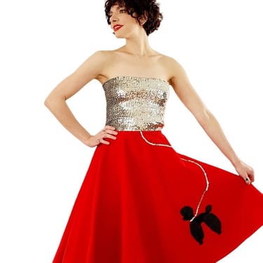 True Vintage 1950s Poodle Skirt in Red Felt w-Elastic Waist M 