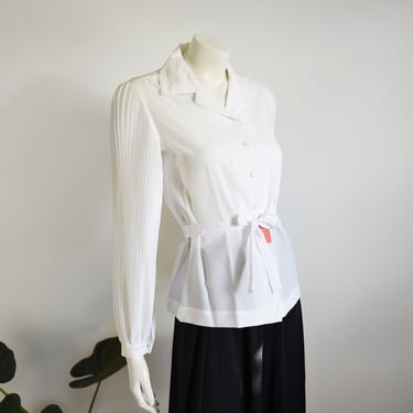 1970s Lord and Taylor White Blouse with Pleated Sleeves - S 