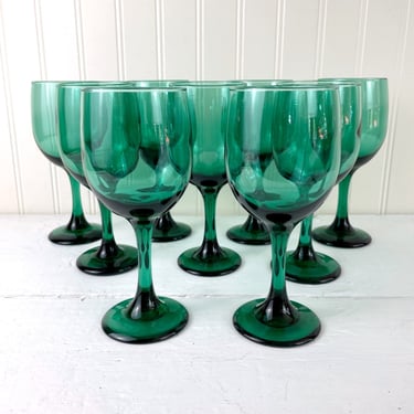 Libbey Premiere dark juniper green water goblets - set of 9 - 1990s vintage 