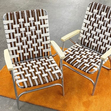 Vintage Lawn Chairs Retro 1970s Mid Century Modern + Lawnlite + Set of 2 + Brown + White + Vinyl Webbed + Silver Aluminum + Folding + Patio 