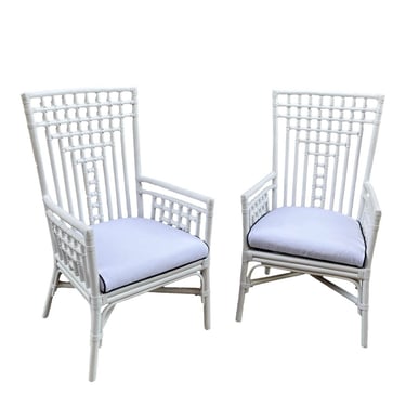 Vintage Mid 20th Century Bamboo Rattan High-Back Lounge Patio Chairs White Navy Blue Piping, a Pair 