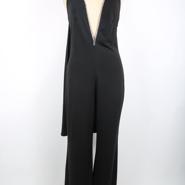 Frederick's of Hollywood Jumpsuit Black Sexy Jumpsuit with Deep V Plunging Rhinestone Neckline, Studio 54  Disco Evening Formal Party 