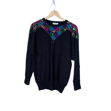 Vintage 80's Victoria Jones Black Sequin Sweater, Size S 