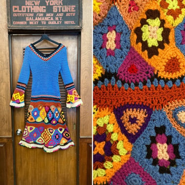 Vintage 1960’s Original Amazing Crochet Knit, Hippie Boho Woodstock Dress, 1970’s, 1960’s, Boho, Hippie, Crochet, Knit, Granny Square, 
