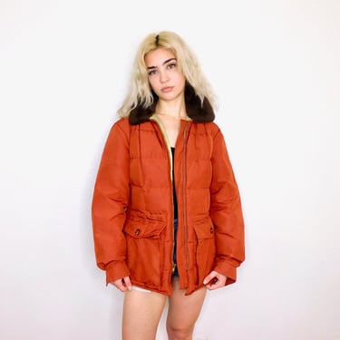 Goose Down Puffer Jacket // vintage orange quilted USA puff Eddie Bauer dress coat 70s 1970s 70's 1970's workwear work wear utility // S/M 