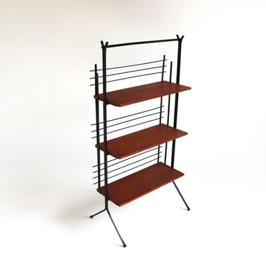 Vintage Small Black Metal and Teak Free Standing Shelving Unit Room Divider Standing Rack Bookshelf Plant Stand Etagere Mid-Century Retro 