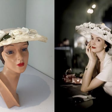 European Rendezvous - Vintage 1950s Ivory Large Rose Wide Brim Hat w/Netting 