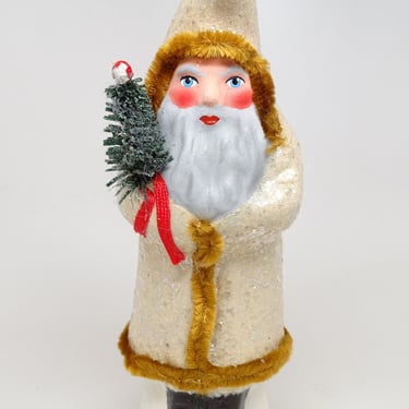 Vintage Hand Made German Ino Schaller Signed White Belsnickle Santa with Faux Feather Christmas tree, for Christopher Radco, Reproduction 