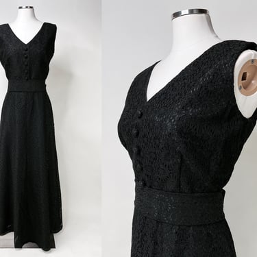 1960s-1970s Black Macrame Lace A Line Hostess Dress by Alice of CA M/L | Vintage, Retro, Gothic Summer, Funeral, Fall, Halloween, Rare 
