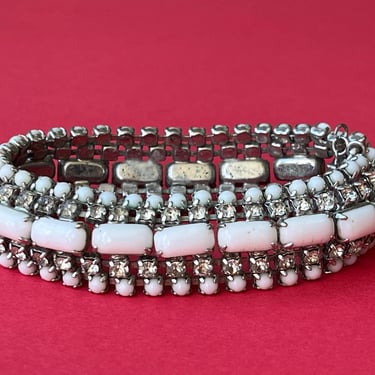 vintage milk glass bracelet 1950s jeweled white stone statement cuff 