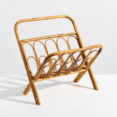 Vintage Boho Burnt Bamboo Folding Magazine Rack // MCM Coastal Rattan Magazine Holder or Vinyl Record Display 