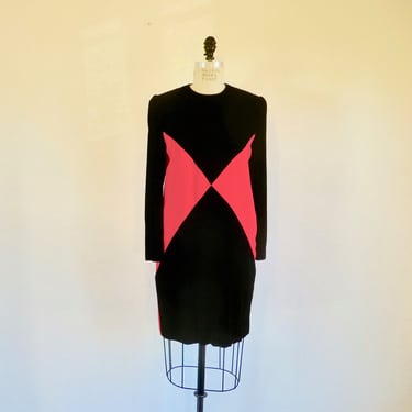 1980's Red and Black Velvet Color Block Dress Long Sleeves Evening Formal Cocktail 80's Avant Garde Chetta B Size Small 