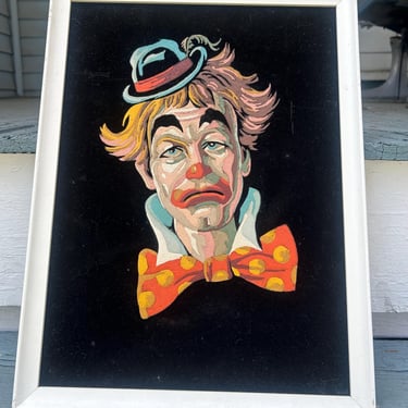 Vintage Velvet Painting Sad Clown Kitch Kitschy Paint By Numbers 70s Wood Framed 
